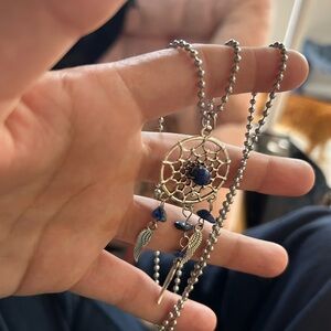 Silver Dreamcatcher Necklace with Blue Accents